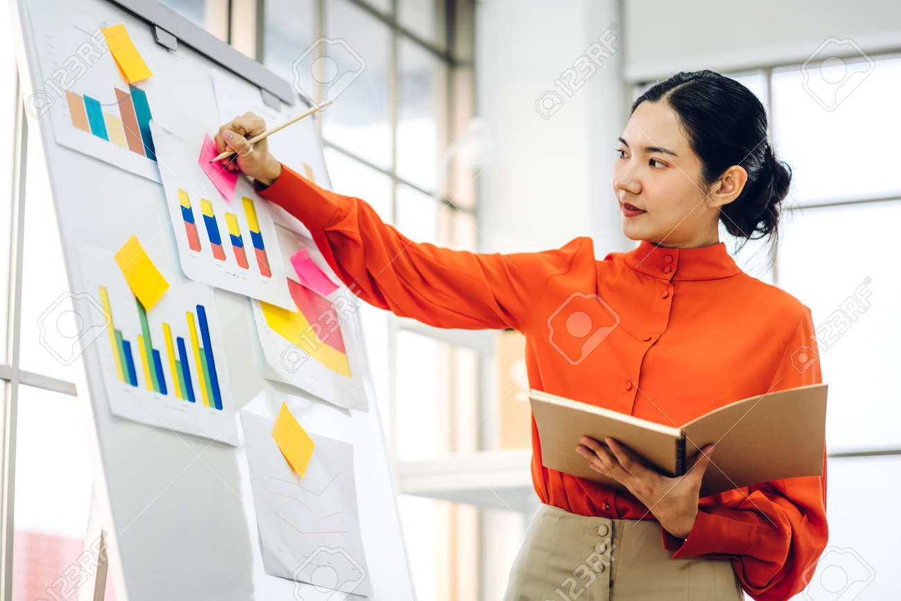 Casual business woman working and planning writing over the project with stickers note on white board at modern office - 168606990 Casual business woman working and planning writing over the project with stickers note on white board at modern office - 168606990