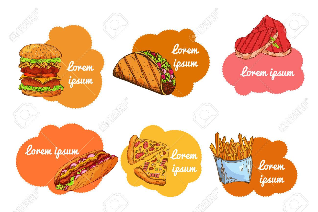 Fast food set. Hand draw illustration. Vintage burger design. Colorful american food elements - 55798654 Fast food set. Hand draw illustration. Vintage burger design. Colorful american food elements - 55798654