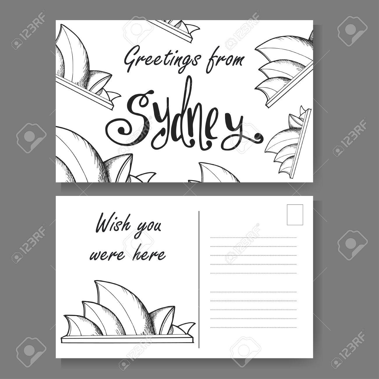 Carte Postale De Sydney Lettrage Dessine A La Main Et Croquis Salutations D Australie Illusion De Vecteur Clip Art Libres De Droits Vecteurs Et Illustration Image