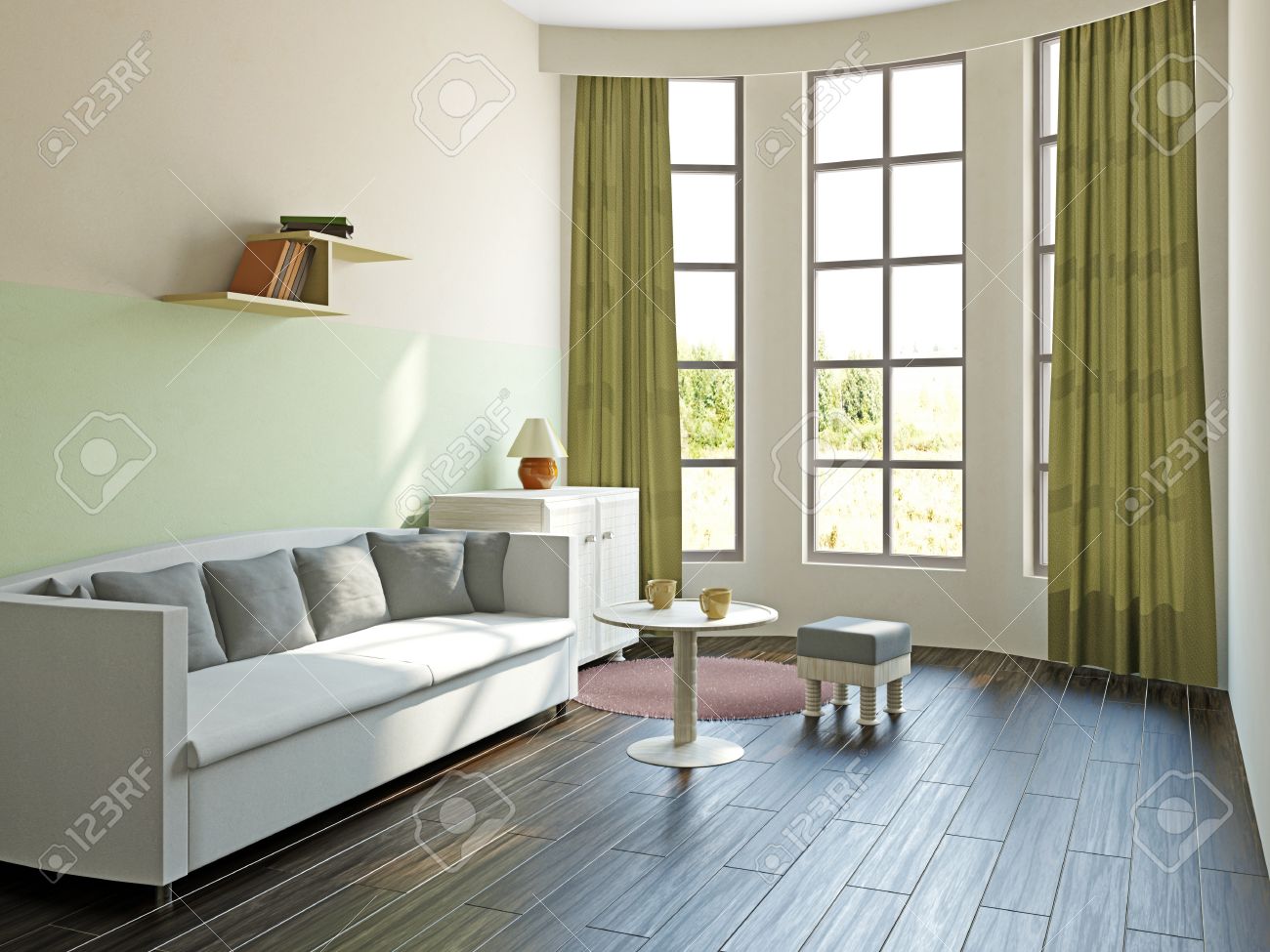 大きな窓の近くの家具とリビング の写真素材 画像素材 Image