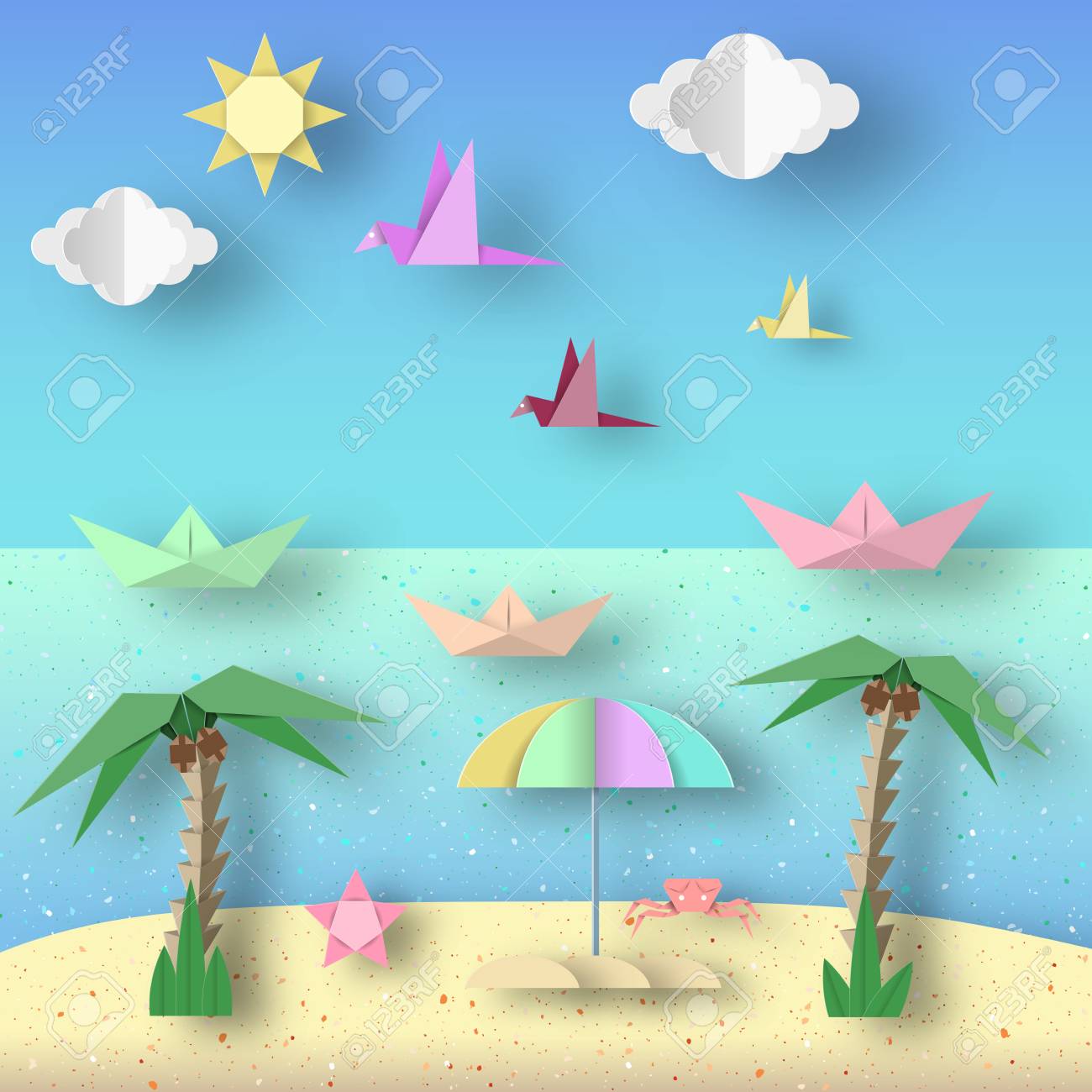 landscape with cut birds ships palm tree clouds and sun style