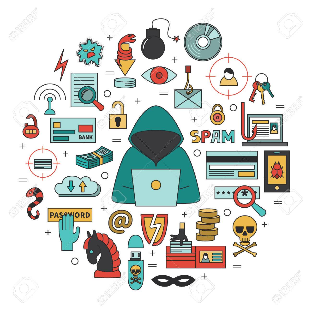 Download Hacking And Cyber Crime Flat Round Vector Template With Icons Royalty Free Cliparts Vectors And Stock Illustration Image 69587179