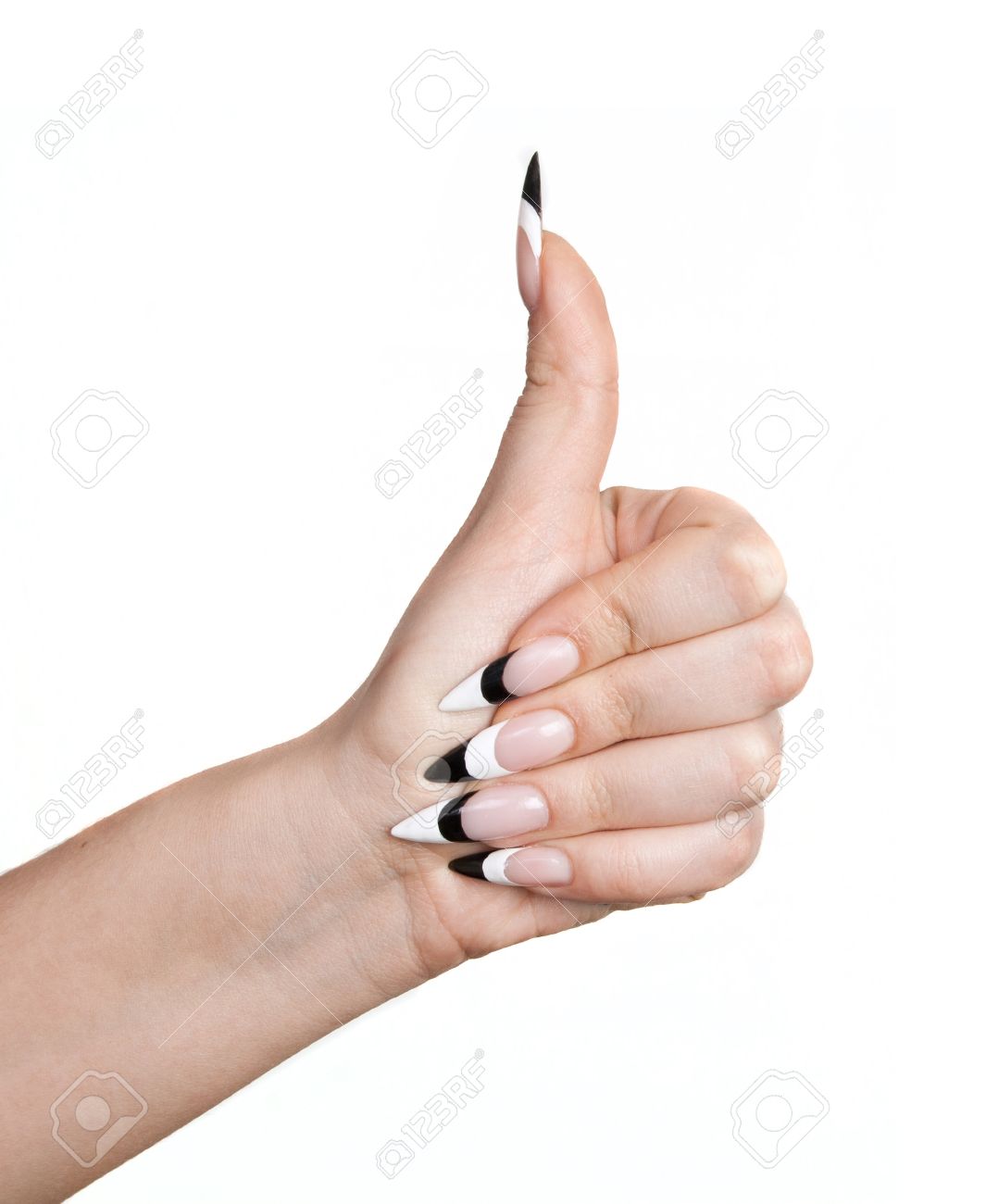 親指アップと長いを持つ女性の手の爪は 白い背景の上 の写真素材 画像素材 Image