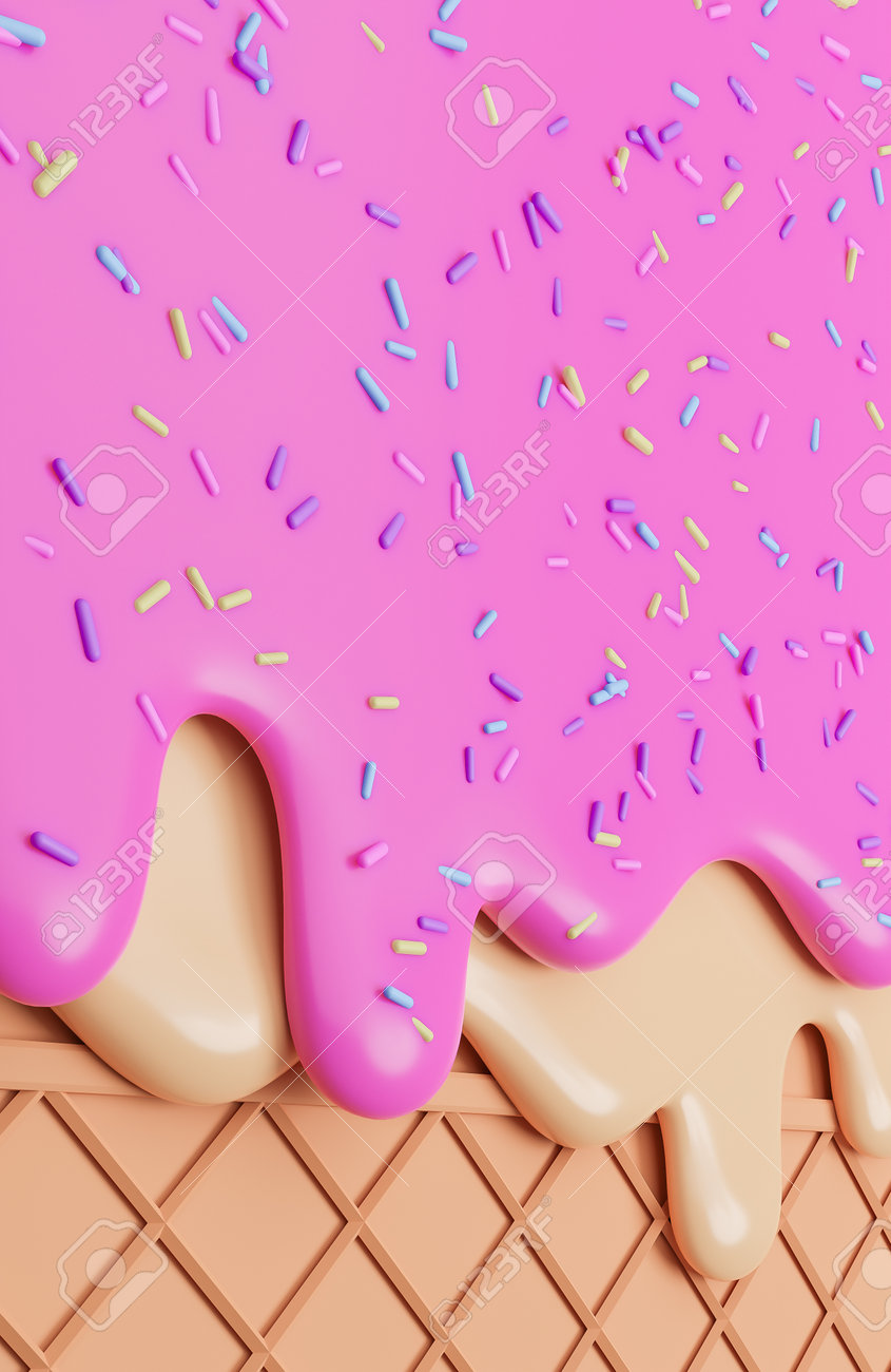 Strawberry And Vanilla Ice Cream Melted With Sprinkles On Wafer Background., 3d Model And Illustration. Stock Photo, Picture and Royalty Free Image.  Image 180352284., image size:845x1300