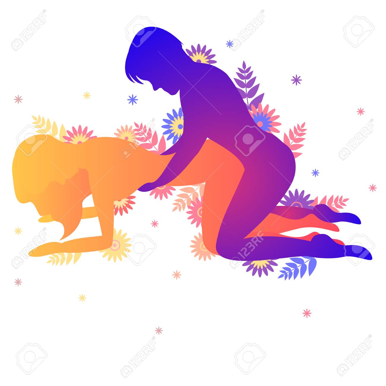 カーマ スートラの性的なポーズハウンド 白い背景の男女が花でセックスポーズイラストのイラスト素材 ベクタ Image