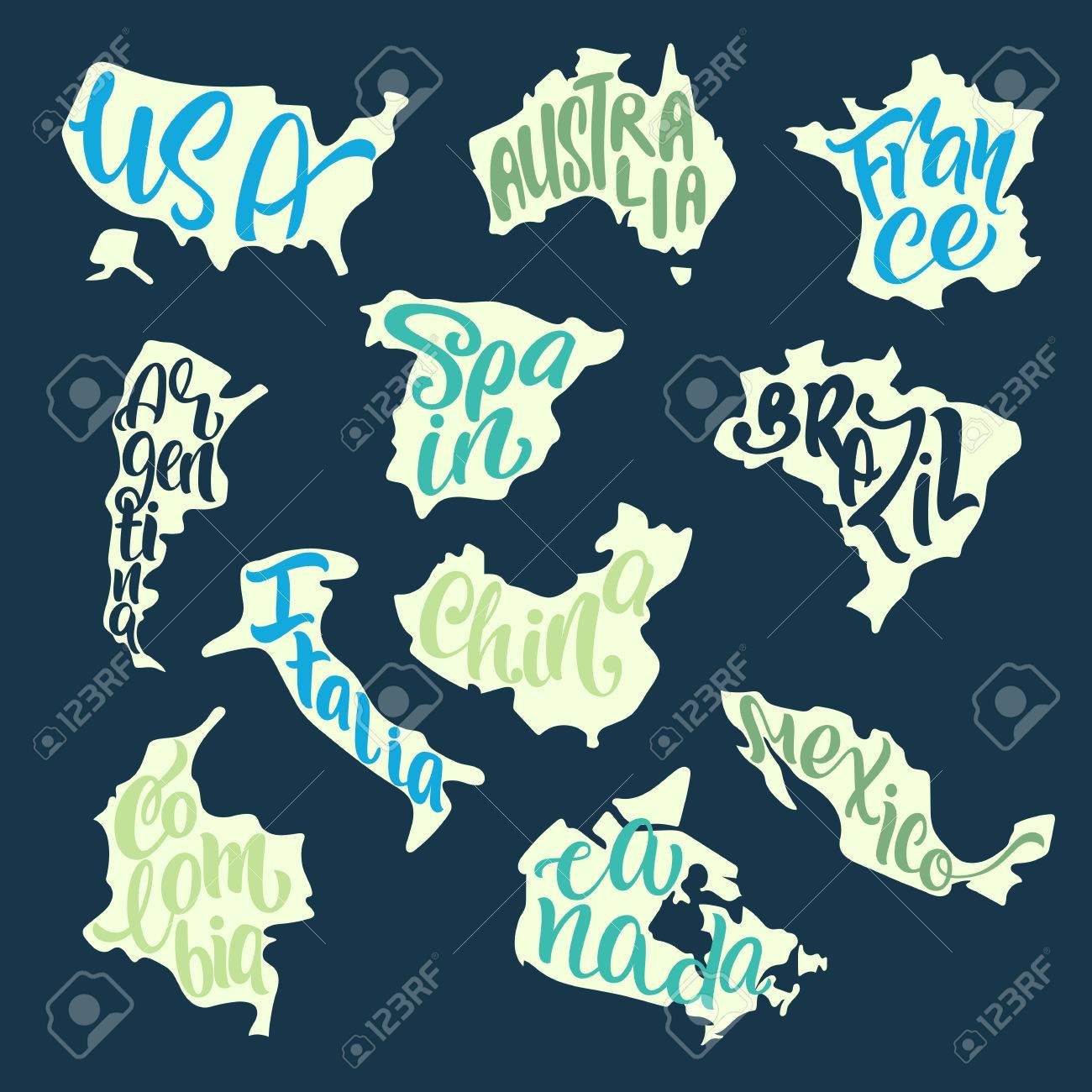 handwritten lettering with country names inscribed in the silhouettes of maps usa australia