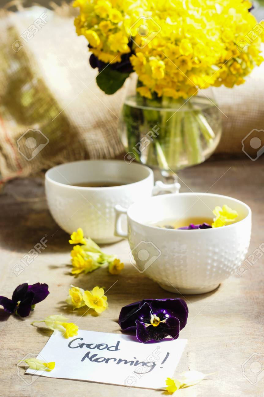 Cup O Tea And Spring Flowers With Good Morning Note Stock Photo