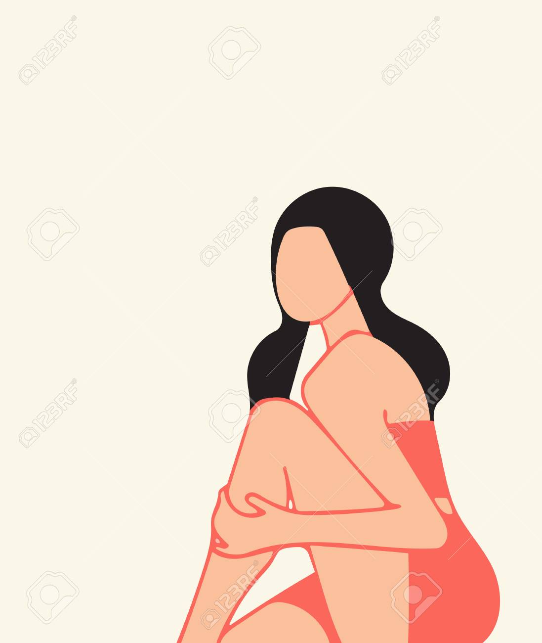 座っている女の子は 彼女はファッション 穏やかで意図的な熟考をテーマに 彼女の裸の膝 イラスト に手を握ります コンセプト 平和 バランス 休息 自然なパンチの効いた色 のイラスト素材 ベクタ Image