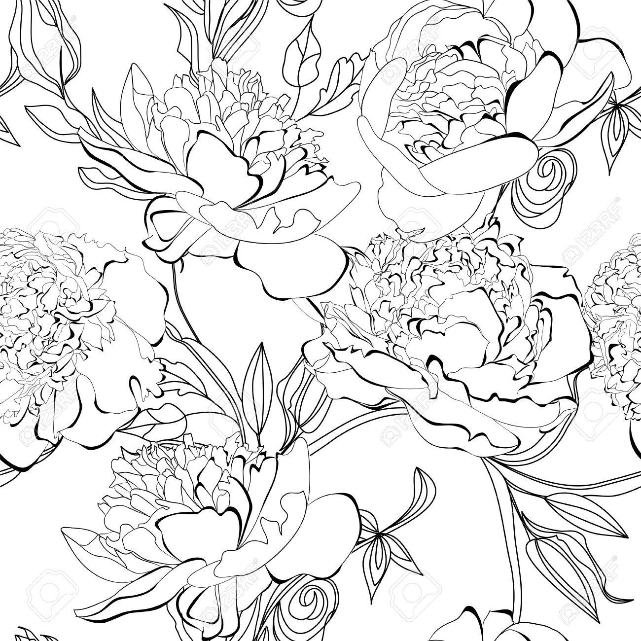 牡丹の花と白黒のシームレスなパターン のイラスト素材 ベクタ Image