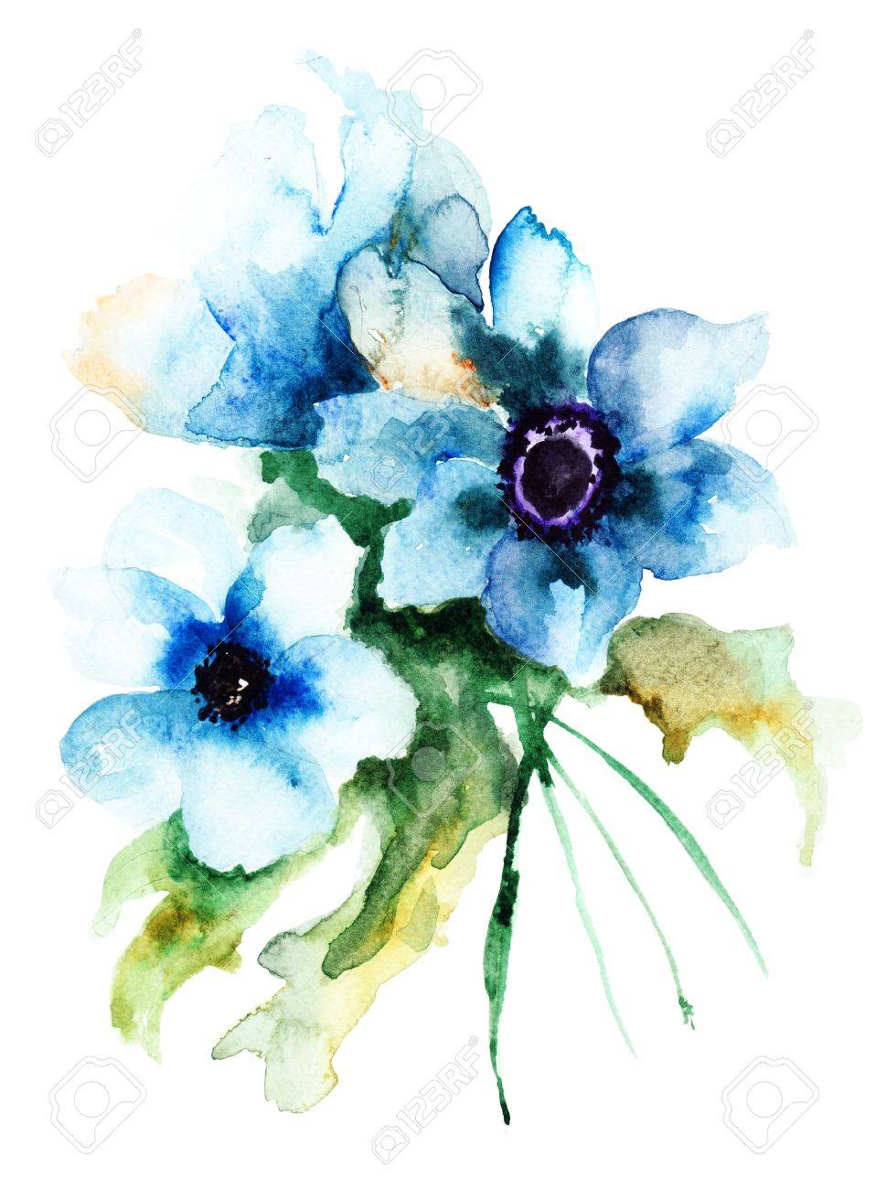 Te Fleurs Bleues Illustration Aquarelle Banque D Images Et Photos Libres De Droits Image 6741