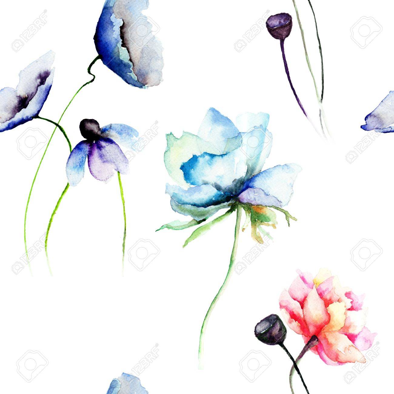 様式化された青と赤の花とのシームレスな壁紙 の写真素材 画像素材 Image 2132