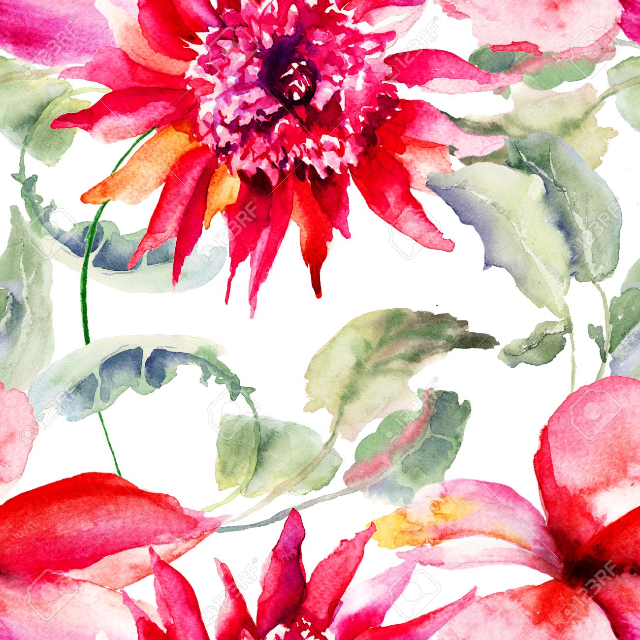 美しいピンクの花を持つシームレスな壁紙水彩画 の写真素材 画像素材 Image