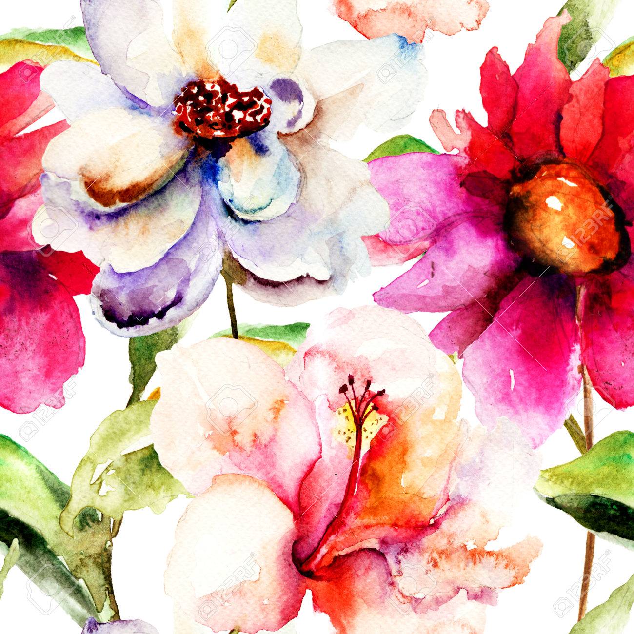 Seamless Wallpaper With Flowers Watercolor Illustration Stock Photo Picture And Royalty Free Image Image