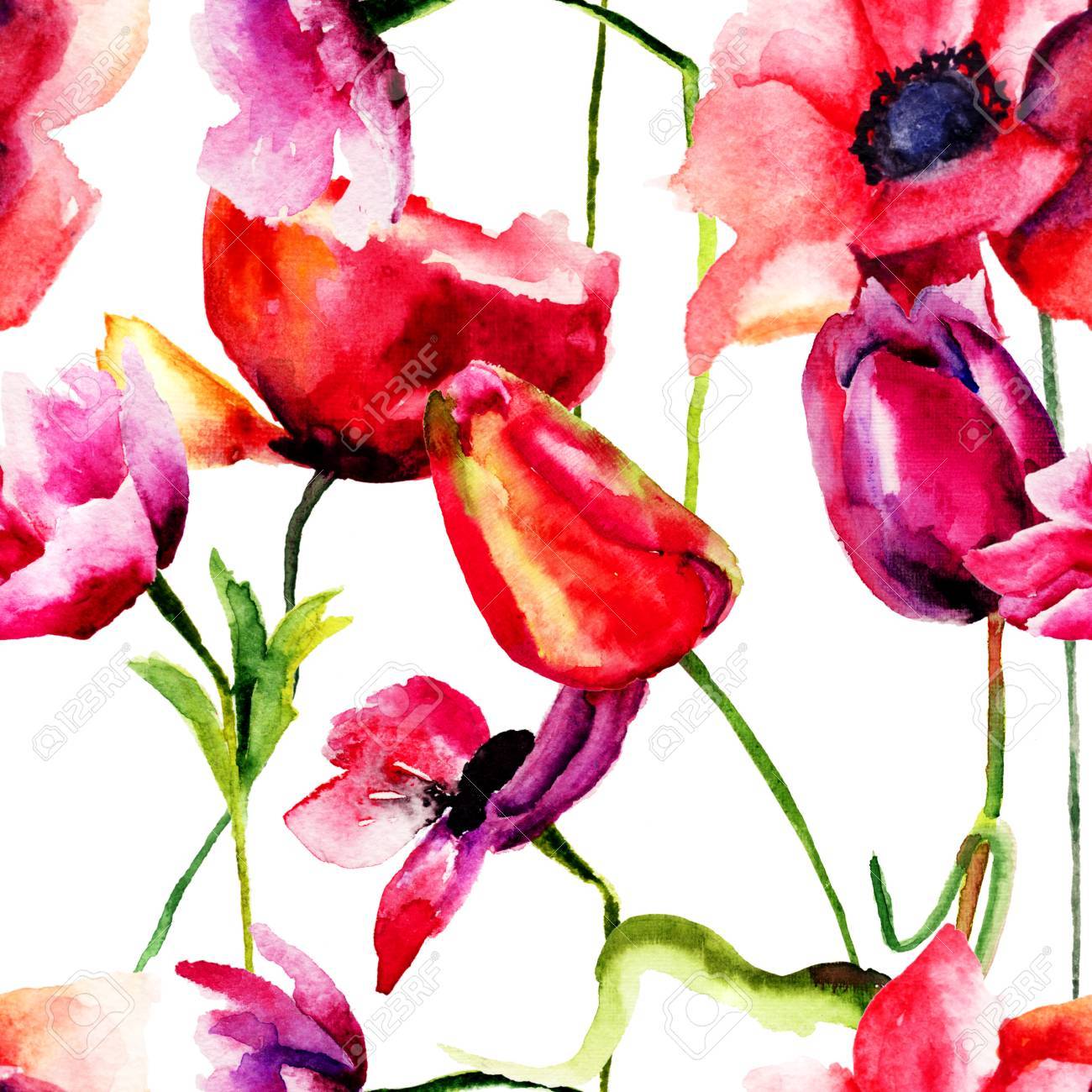 Seamless Wallpaper With Red Flowers Watercolor Illustration Stock Photo Picture And Royalty Free Image Image