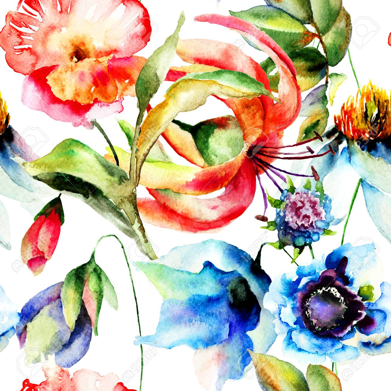 オリジナル春の花 水彩イラストでシームレスな壁紙 の写真素材 画像素材 Image