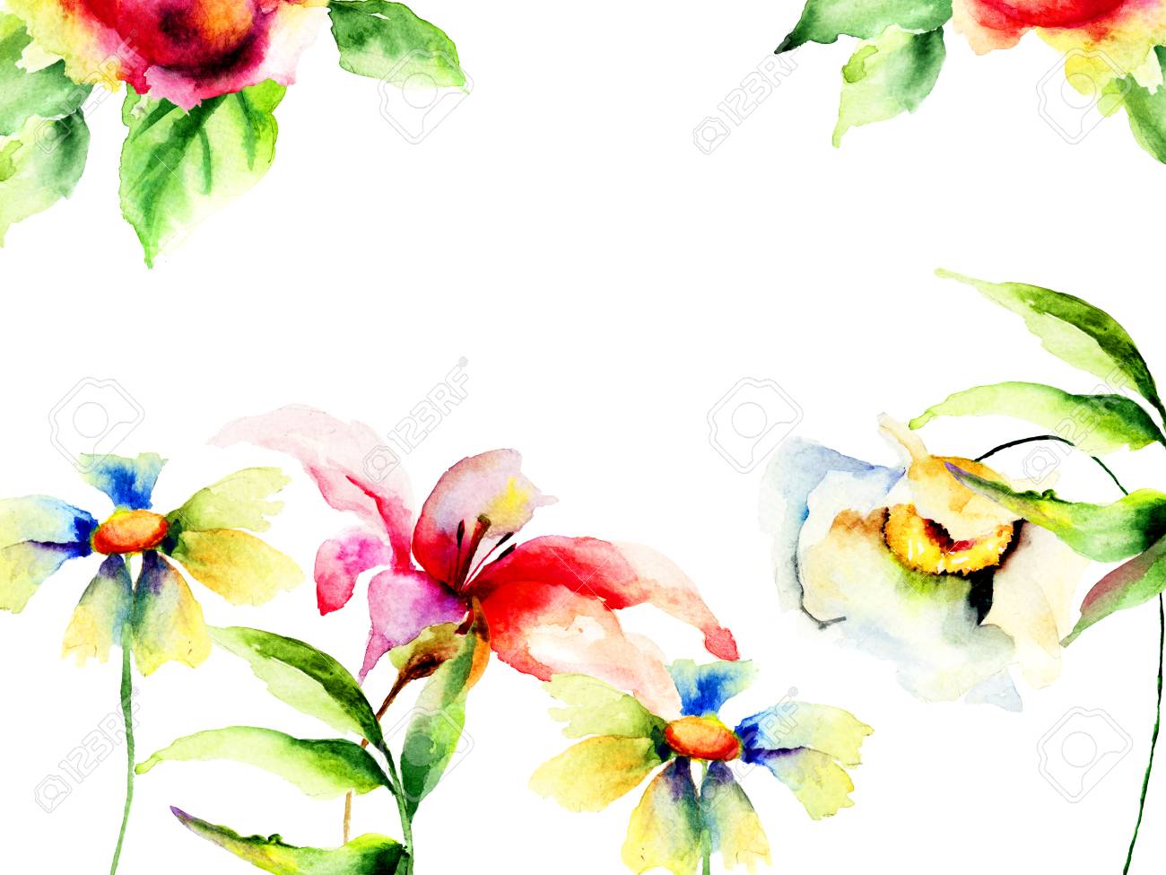 spring flowers watercolor painting template for greeting card