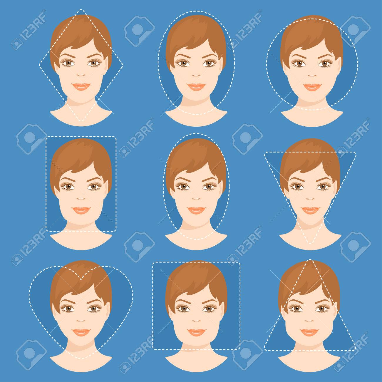 別の女の顔の形のセットです 女性の顔型 フォーム 正方形 三角形 円 楕円 ダイヤモンドは 女性の顔の長い ハート 四角形 株式ベクトル図 のイラスト素材 ベクタ Image