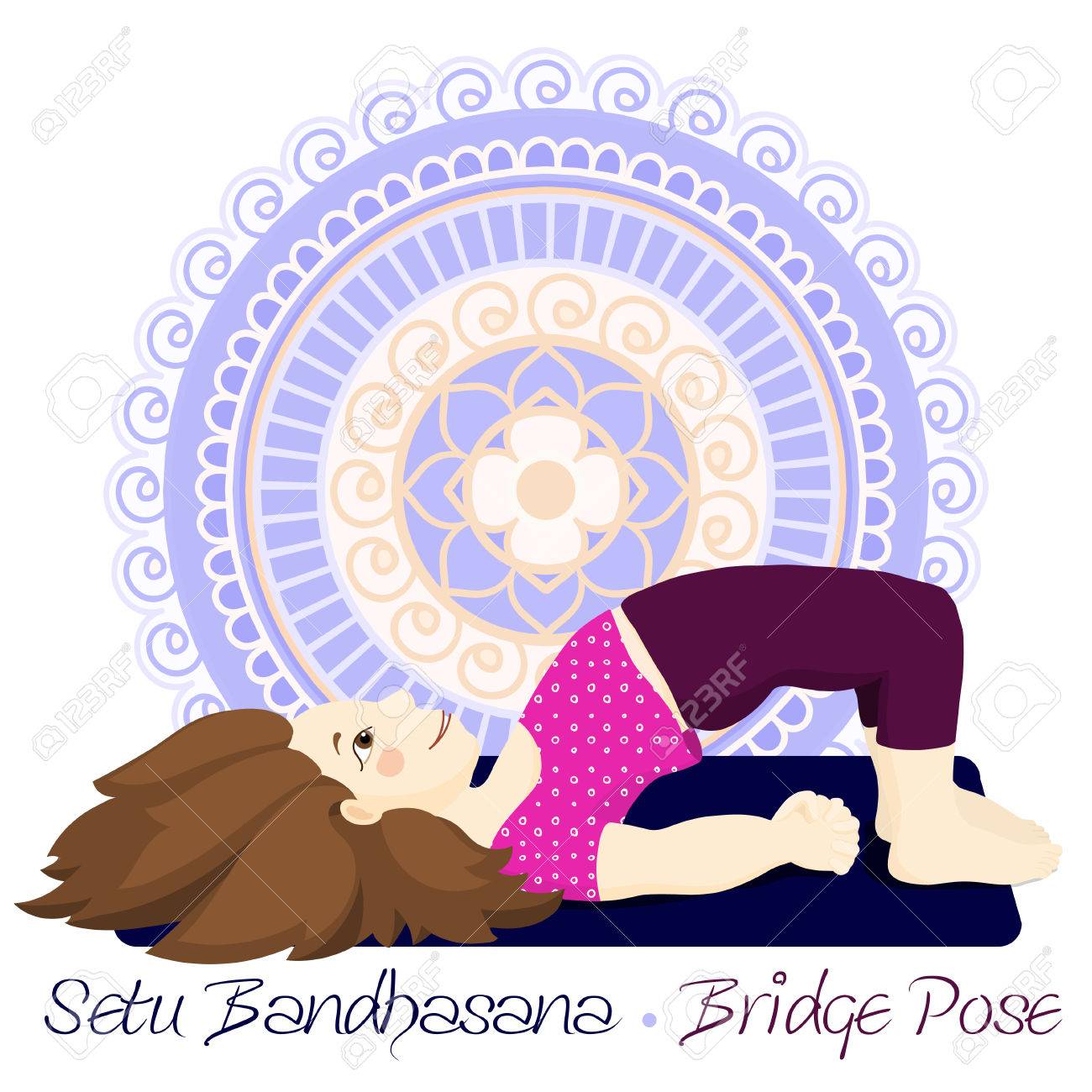 Fille De Dessin Animé Dans La Pose De Pont Avec Fond De Mandala Main Dessiner Illustration Pour Les Enfants De Yoga Fille Dans Setu Bandhasana