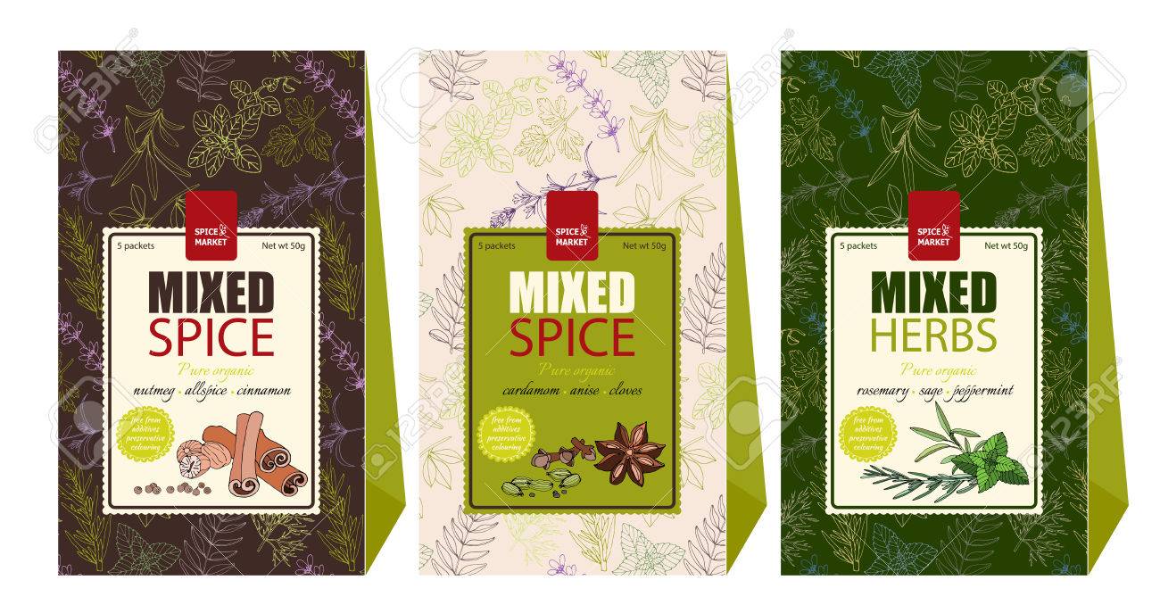 ラベルとパッケージ食品 スパイス ハーブのデザインを設定します トレンディな手描きスタイルの食品パッケージ デザイン ベクトルのイラスト素材 ベクタ Image