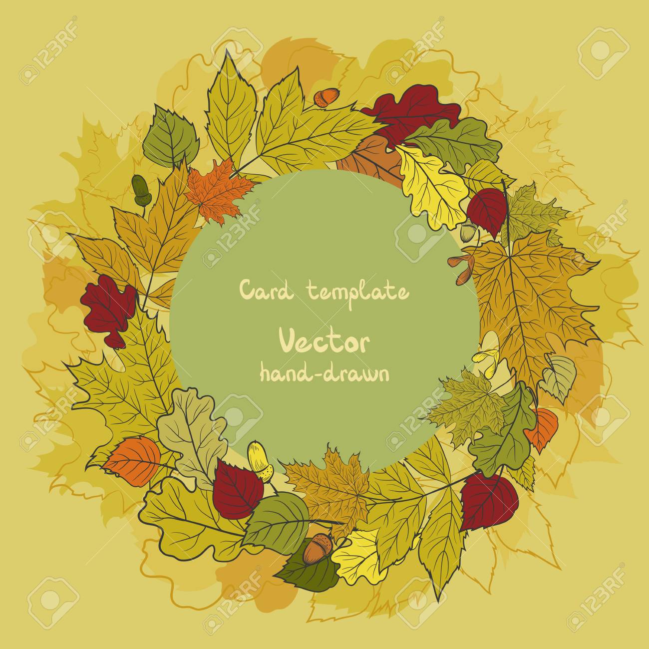 round vector card template with colorful autumn leaves and