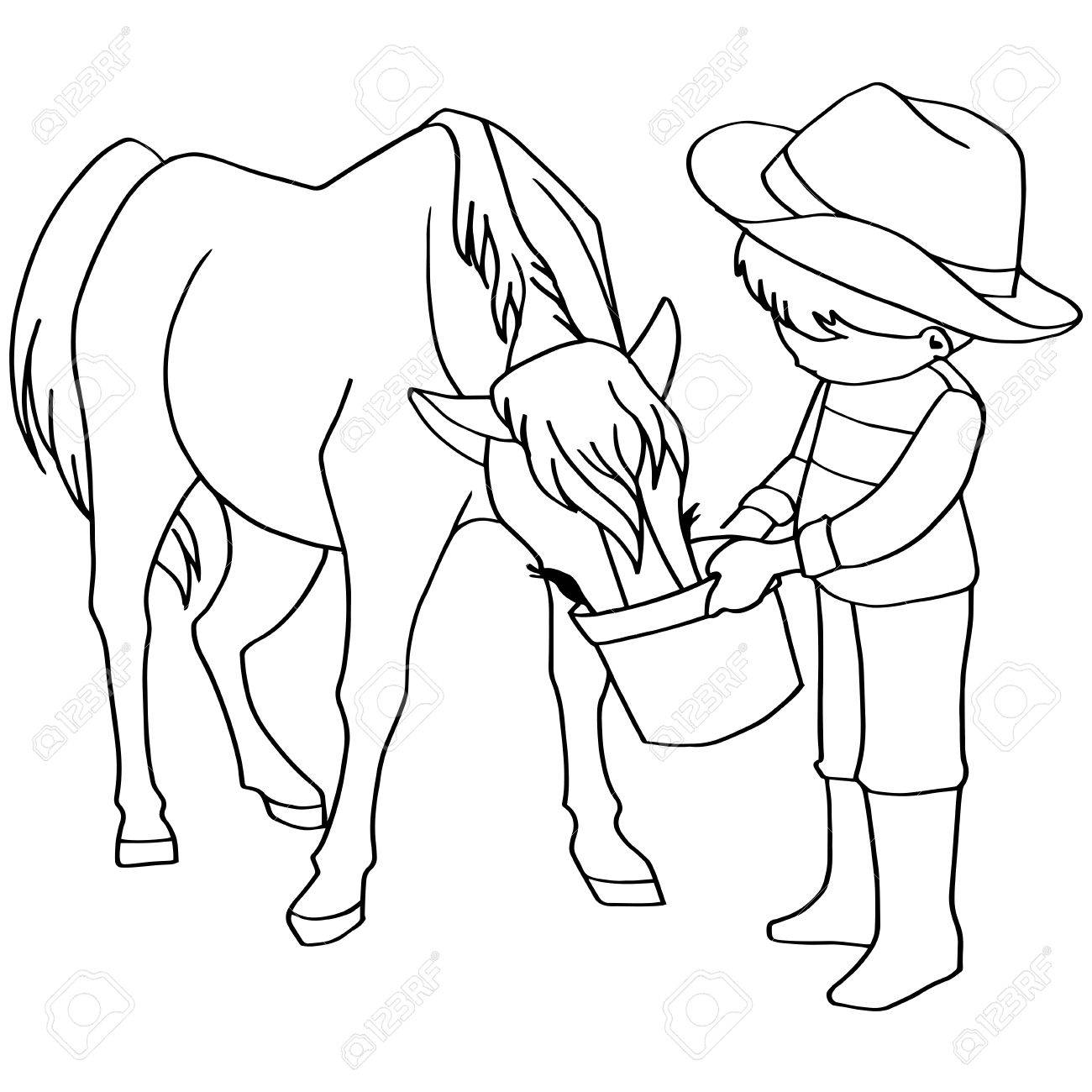 Coloring Book Child Feeding Horse Vector Stock