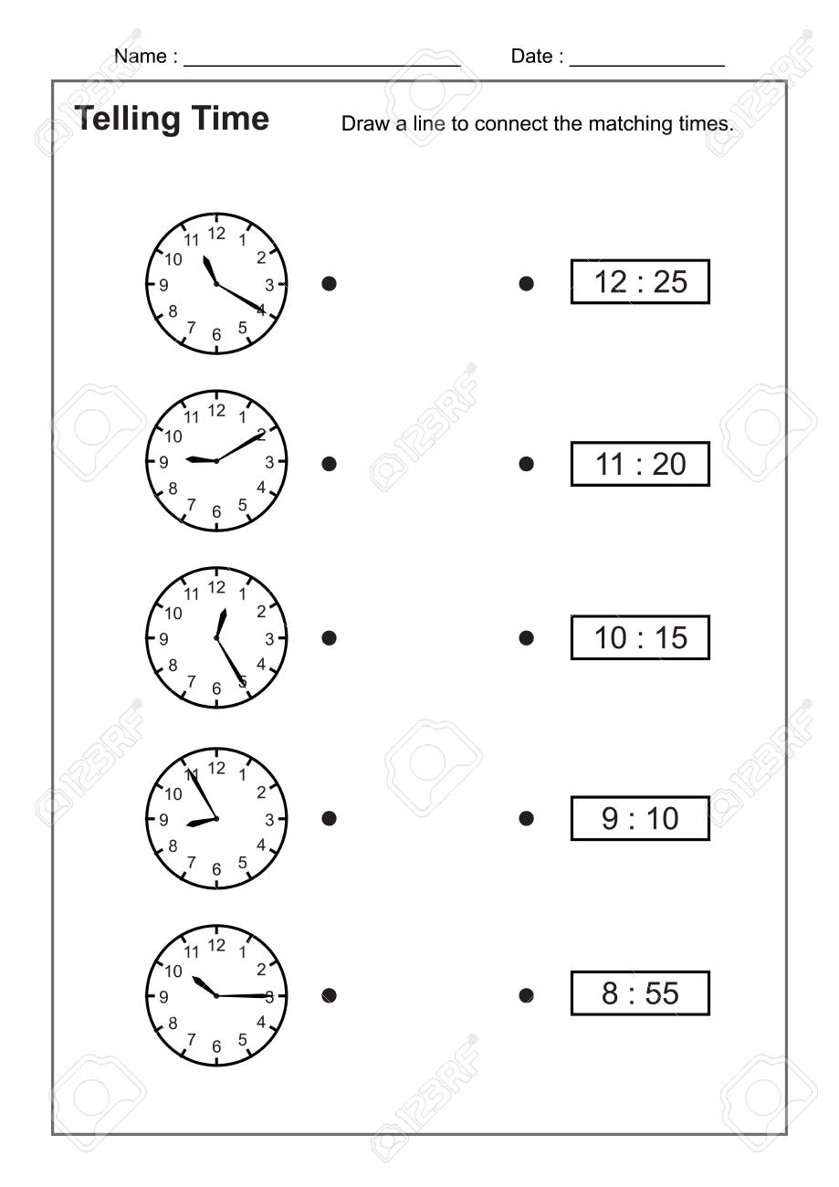 telling time telling the time practice for children time worksheets for learning to tell time game time worksheets vector royalty free cliparts vectors and stock illustration image 120850694