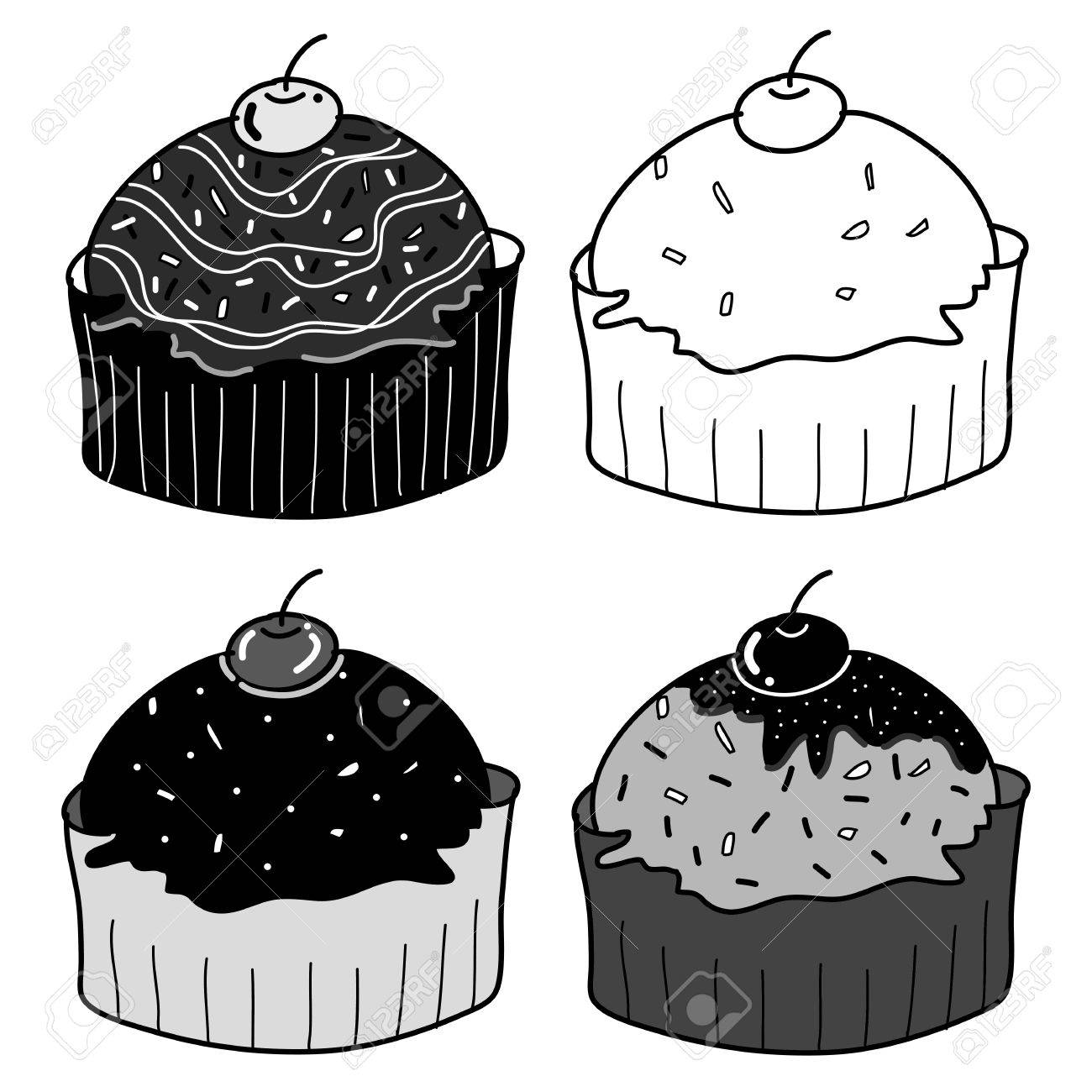 黒と白のスタイル無料手描きでスケッチをカップ ケーキのセットのイラスト素材 ベクタ Image