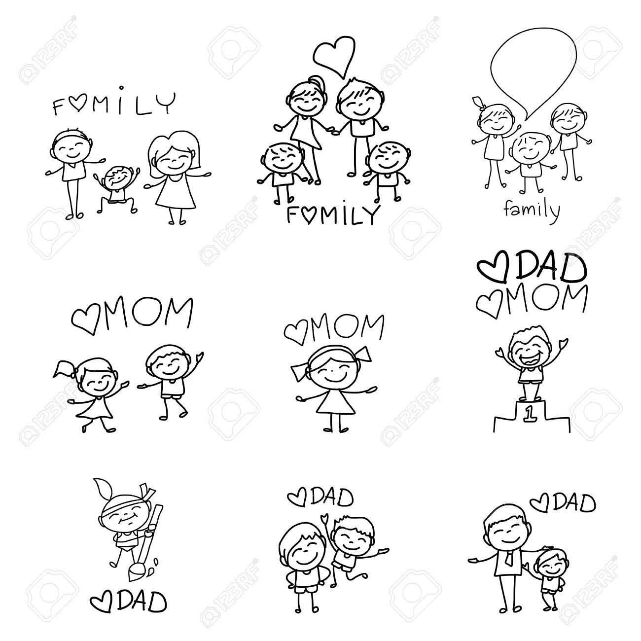 手描きの漫画キャラクター幸せな家族 のイラスト素材 ベクタ Image