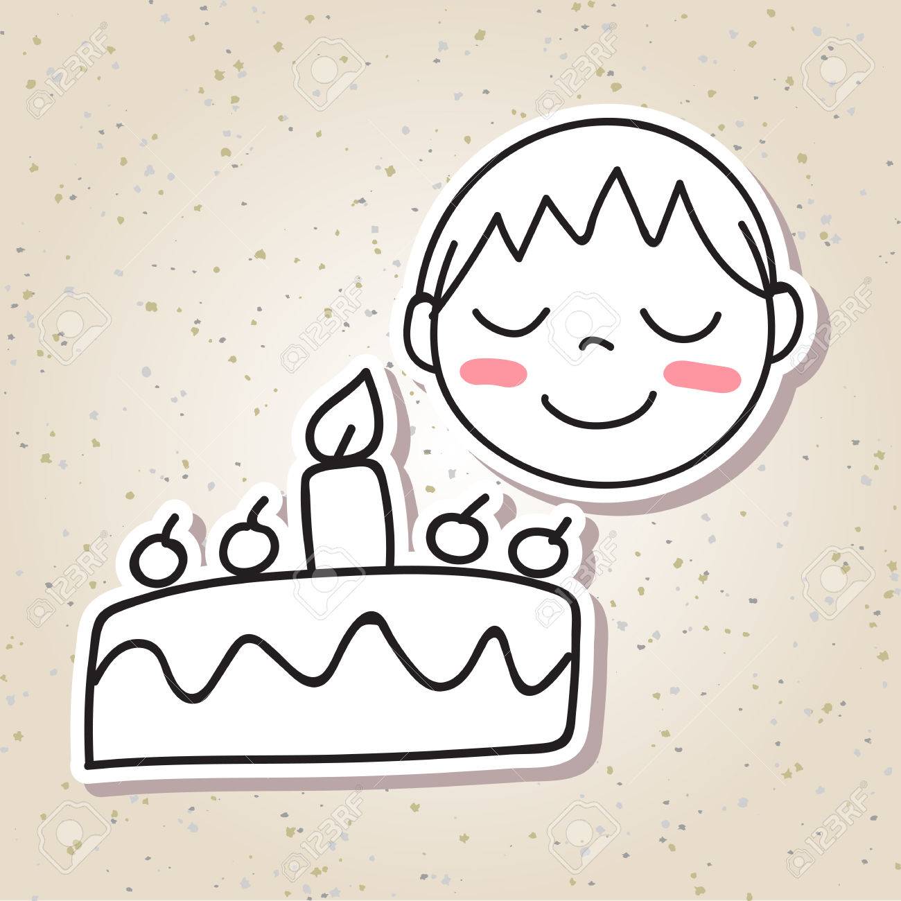 Disegno Cartone Animato Concetto Di Felicità Felice Bambino Ragazzo Sorriso Con La Torta Di Compleanno Line Art Sketch Nero E Bianco Illustrazione