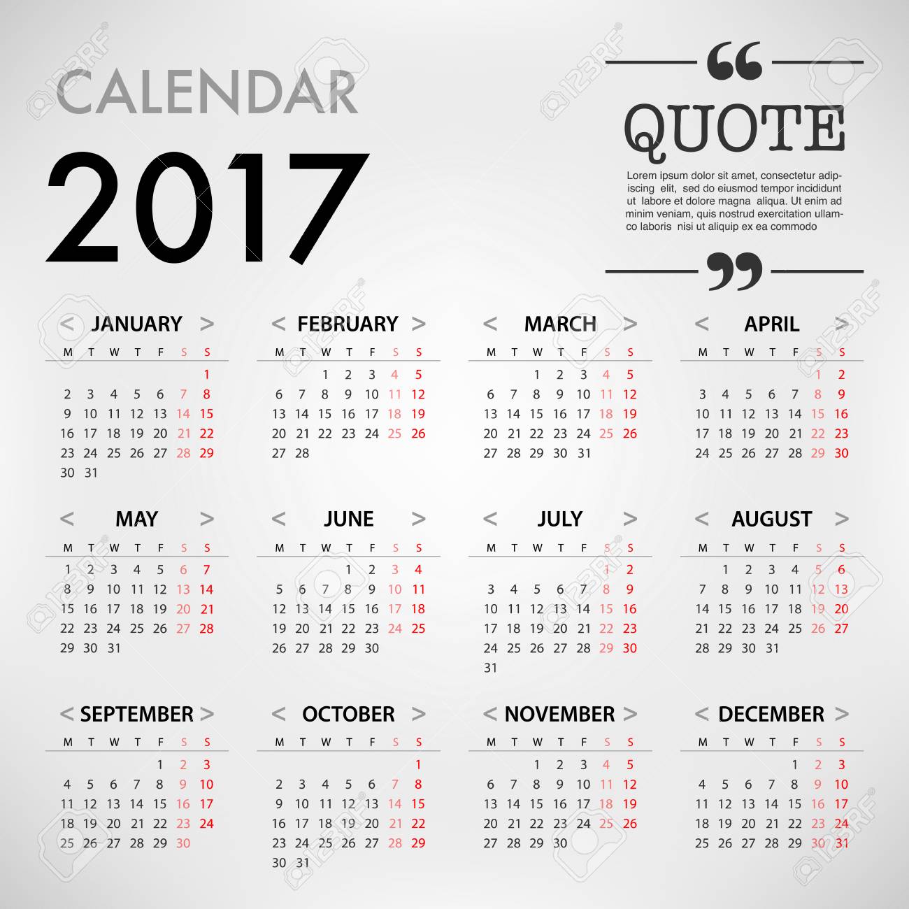 calendar for 2017 on white background with quote on right corner