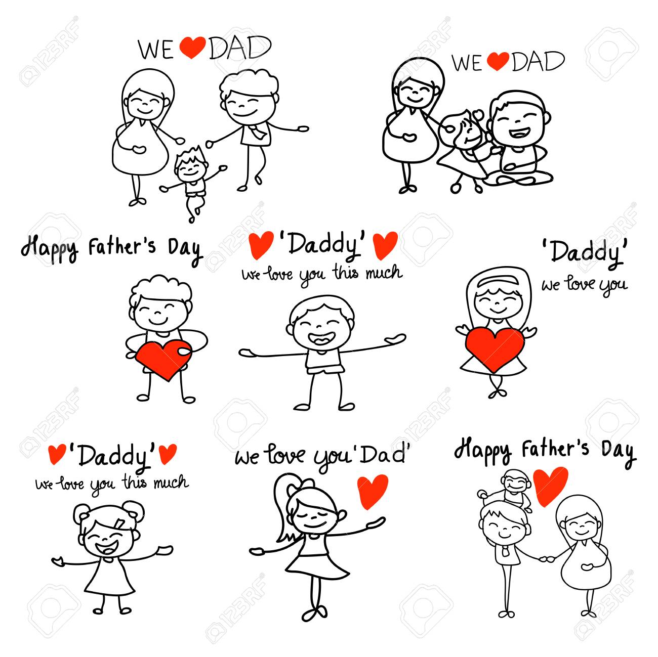 Set Of Hand Drawing Cartoon Concept Happy Fathers Day Happiness