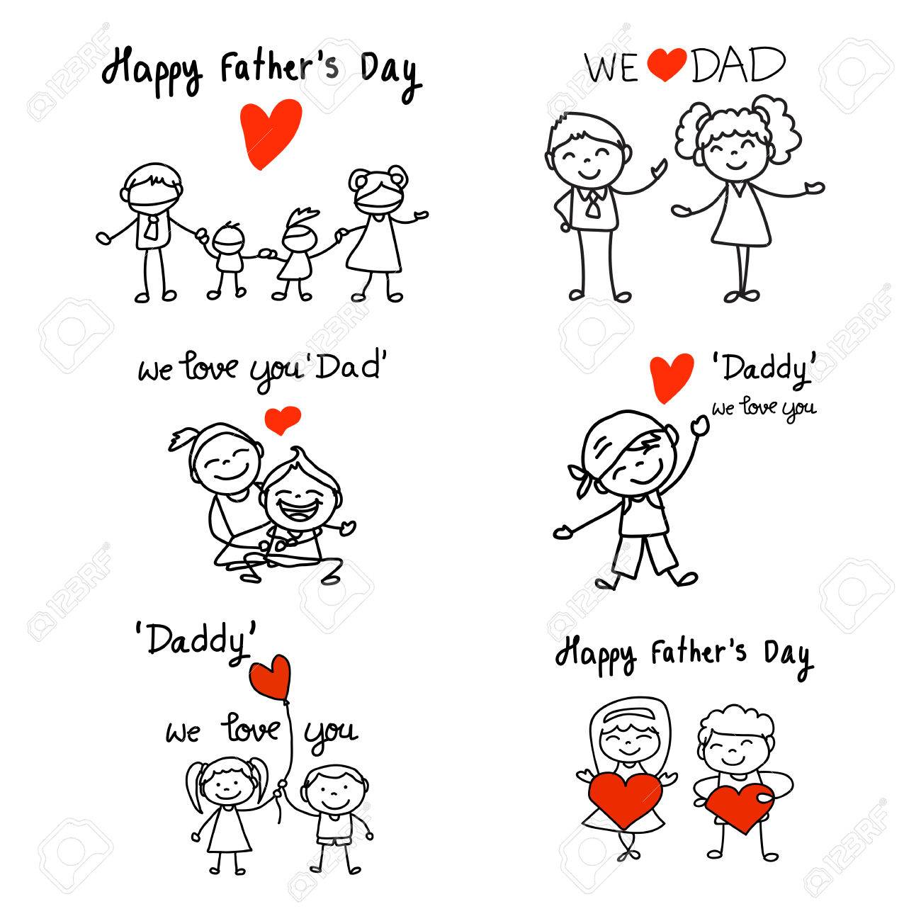 Ensemble De Concept De Bande Dessinee De Dessin A Main Happy Fathers Day Bonheur Et Famille Amour Couple Garcon Et Fille Illustration Vectorielle Clip Art Libres De Droits Svg Vecteurs