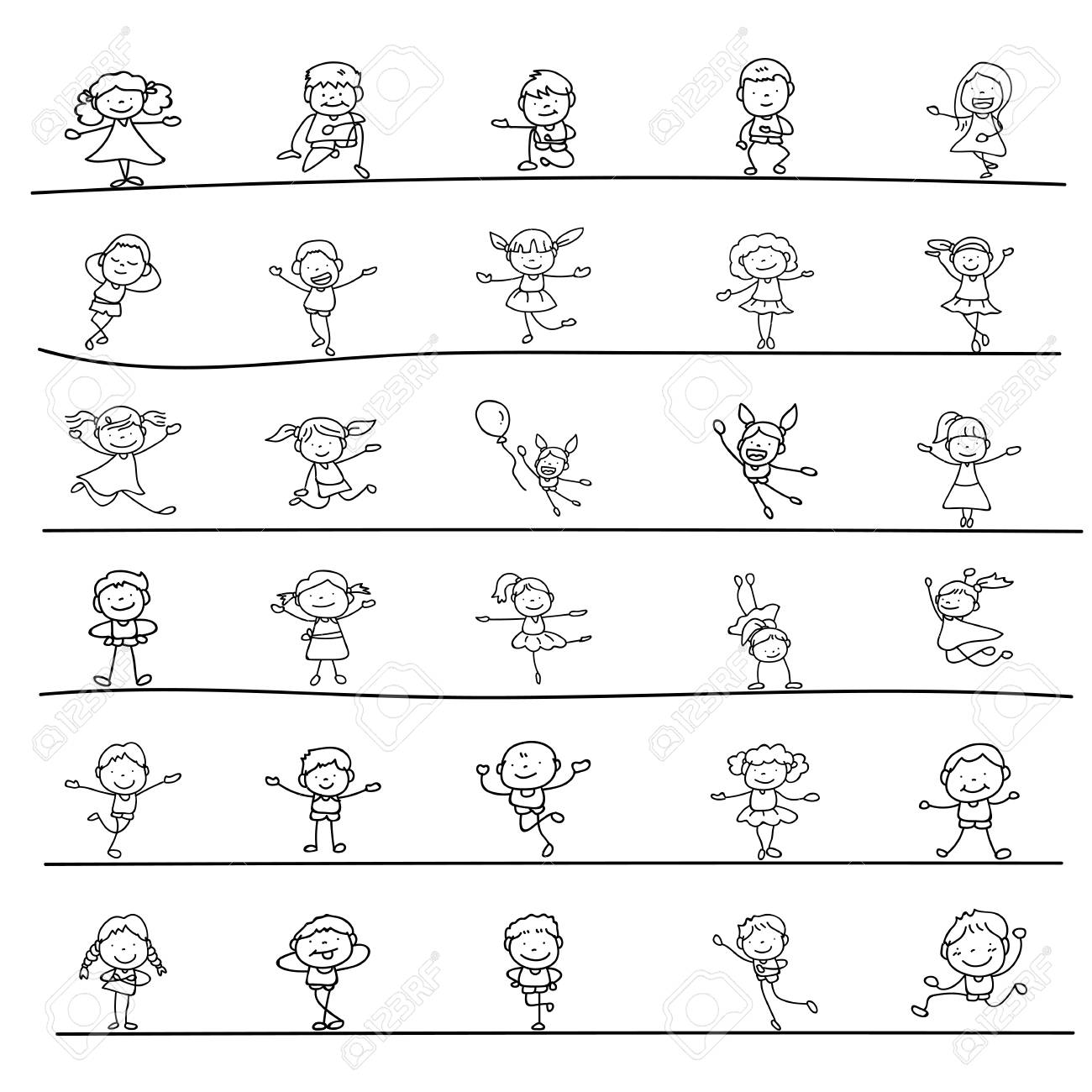 手描きの幸せなかわいい子供ライン アートのセットです 抽象的な人 幸福概念とイラスト のイラスト素材 ベクタ Image