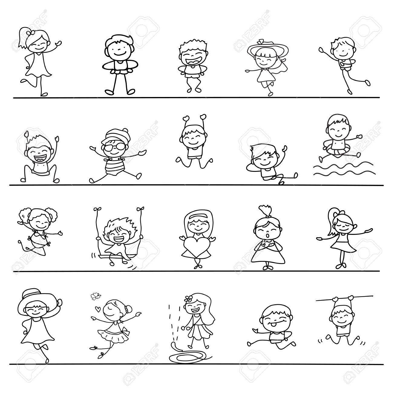 手描きの幸せなかわいい子供ライン アートのセットです 抽象的な人 幸福概念とイラスト のイラスト素材 ベクタ Image