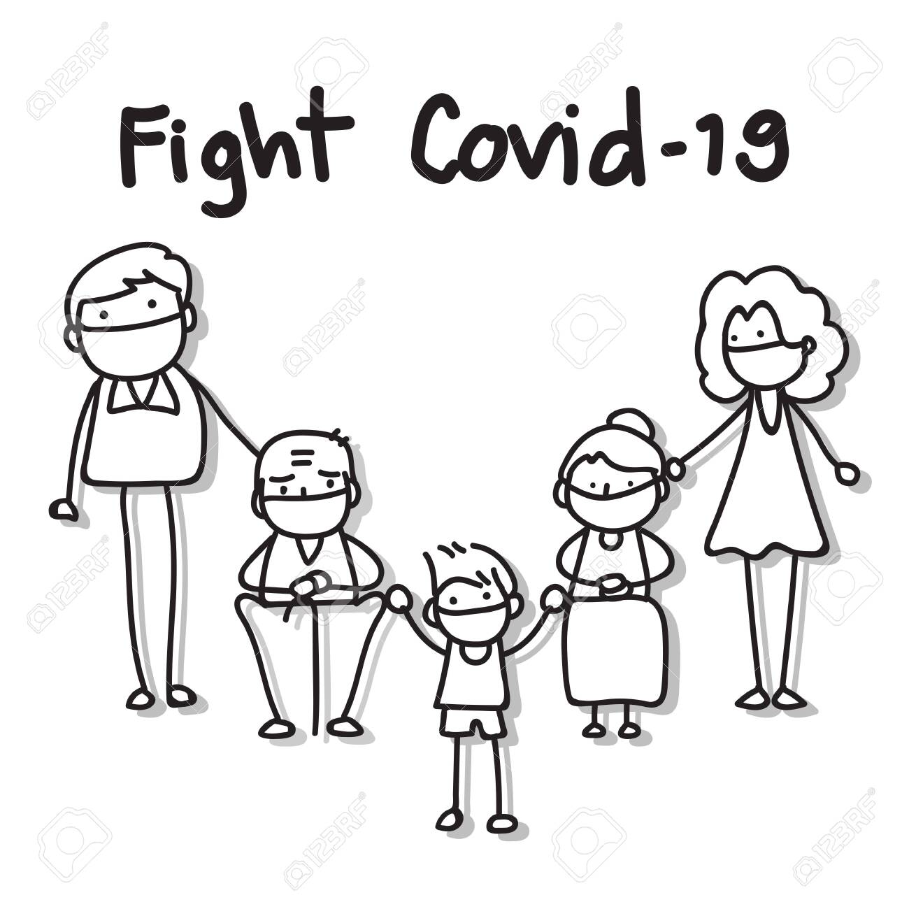hand drawing cartoon character people in family wear mask protection fight Covid-19. vector illustration eps10. - 142810807 hand drawing cartoon character people in family wear mask protection fight Covid-19. vector illustration eps10. - 142810807
