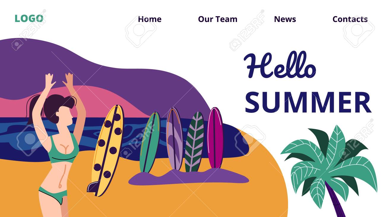 Hello Summer Horizontal Banner Young Sexy Woman In Bikini Dancing Royalty Free Cliparts Vectors And Stock Illustration Image