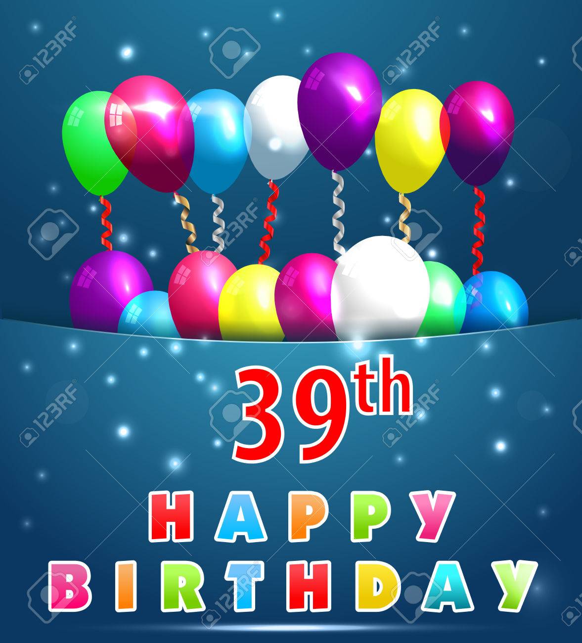 39 year happy birthday card with balloons and ribbons 39th birthday