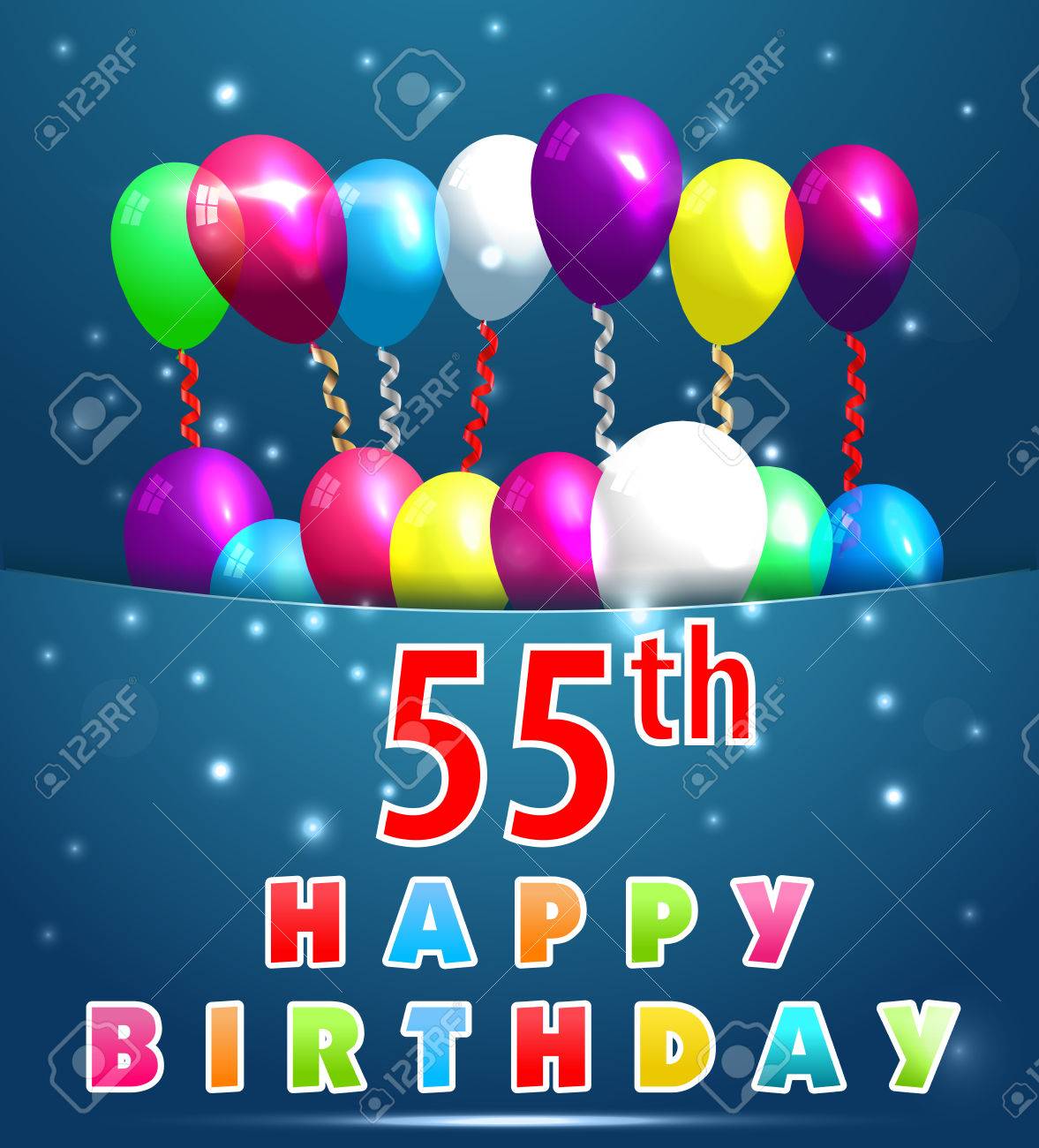 55 year happy birthday card with balloons and ribbons 55th birthday
