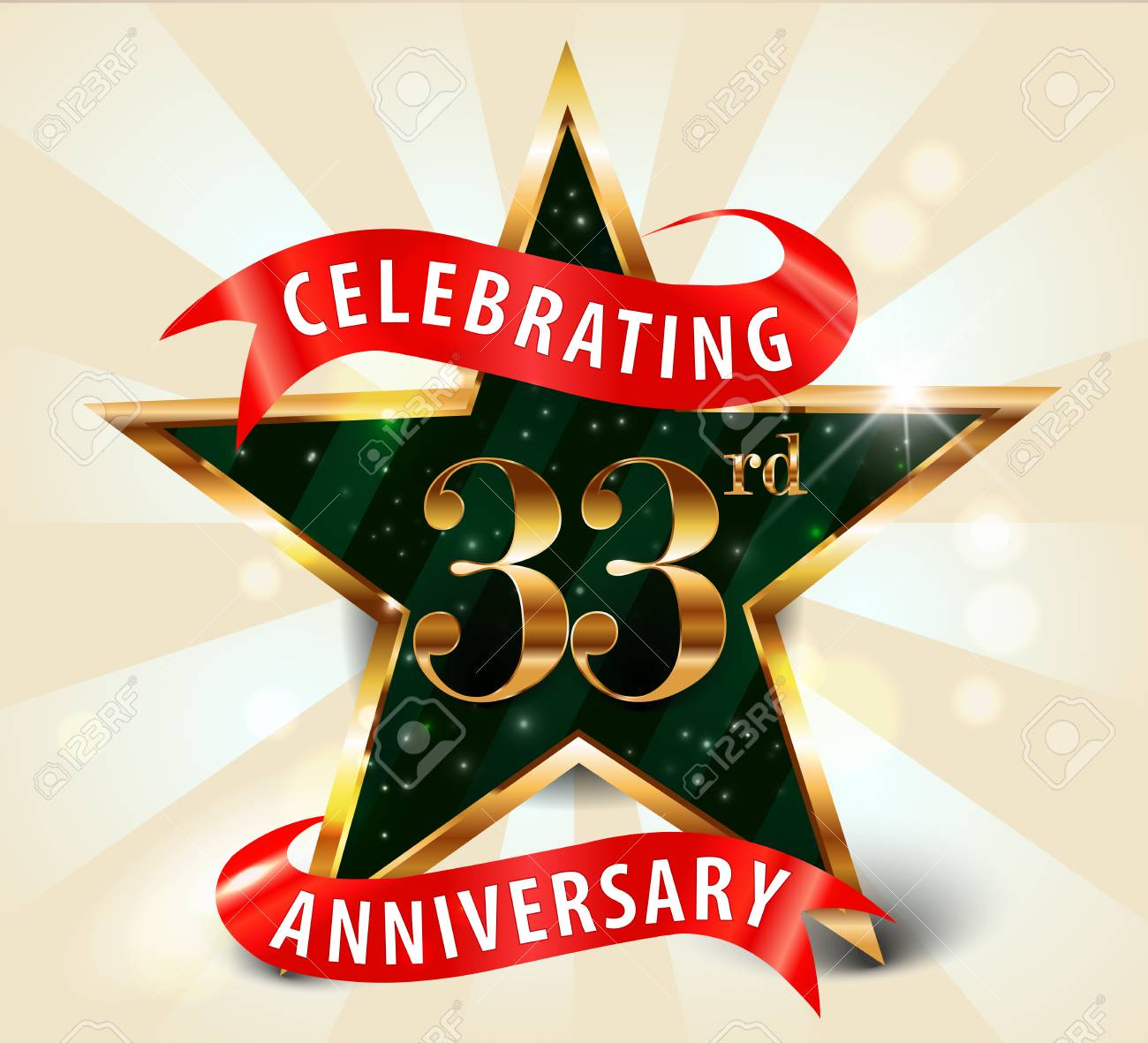Ruban Etoile De Celebration Anniversaire 33 Ans Celebrant La Carte D Invitation Or Decorative De 33e Anniversaire Vector Eps10 Clip Art Libres De Droits Vecteurs Et Illustration Image