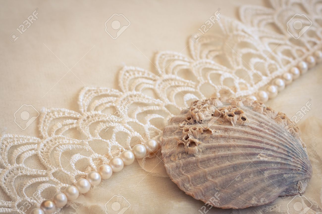 Lace Pearls And Seashell Vintage Background Stock Photo Lace Pearls And Seashell Vintage Background Stock Photo