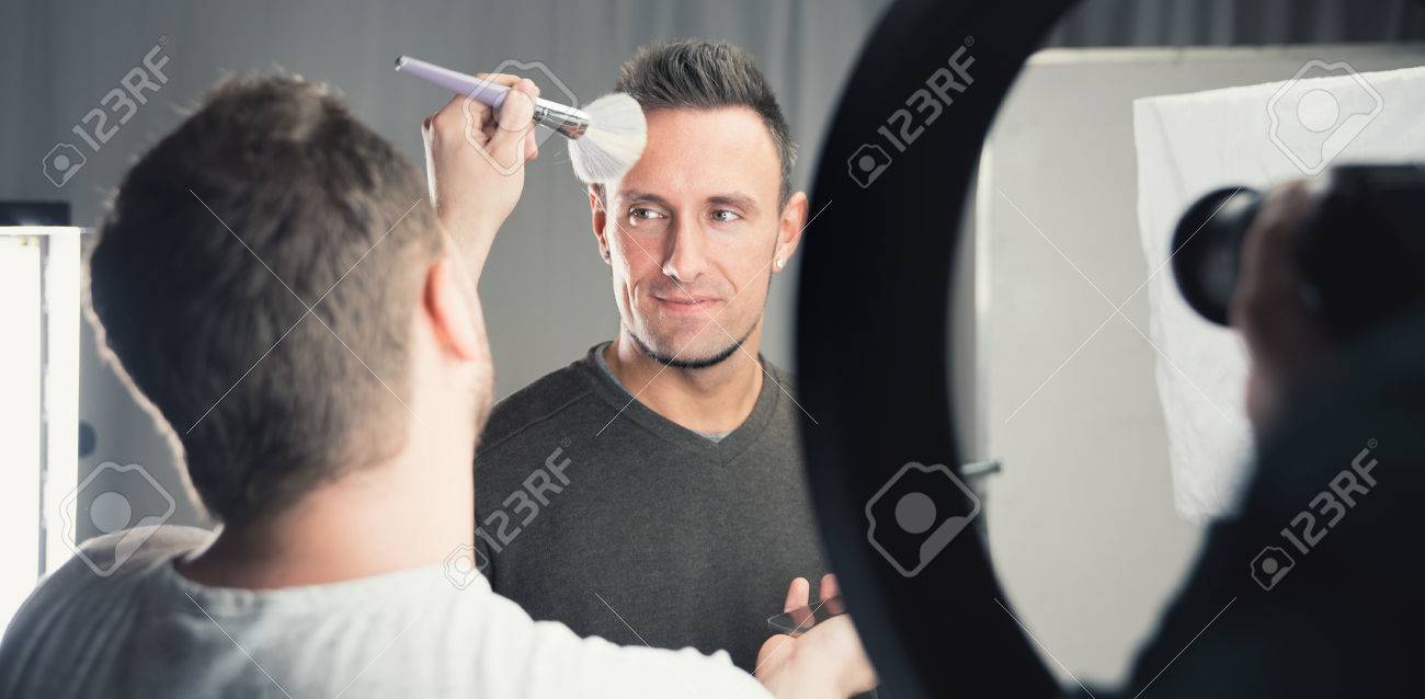 Makeup Artist Working On Models Face In Shooting Break On Movie