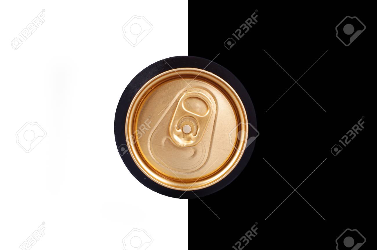 abstract close up of top of the beer can isolated on half black half black half white background