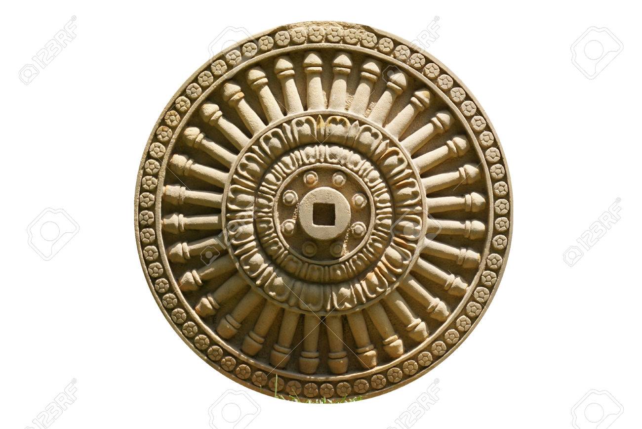 the elevation detail of the sandstone craving dhamma wheel isolated