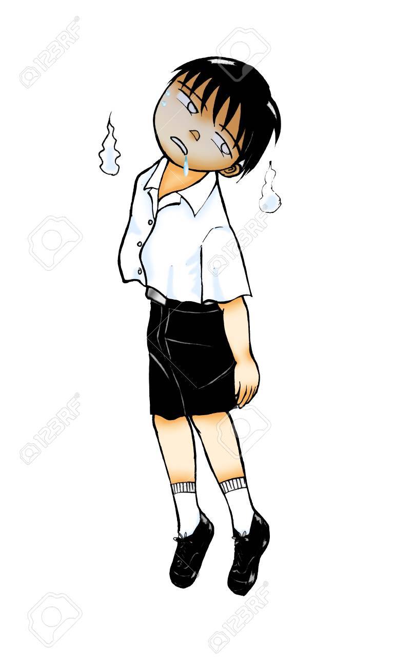 学校少年クリップアート イラスト 少年は疲れた顔ロッシングと彼の強さは彼の白い背景で隔離のエネルギー不足 の写真素材 画像素材 Image