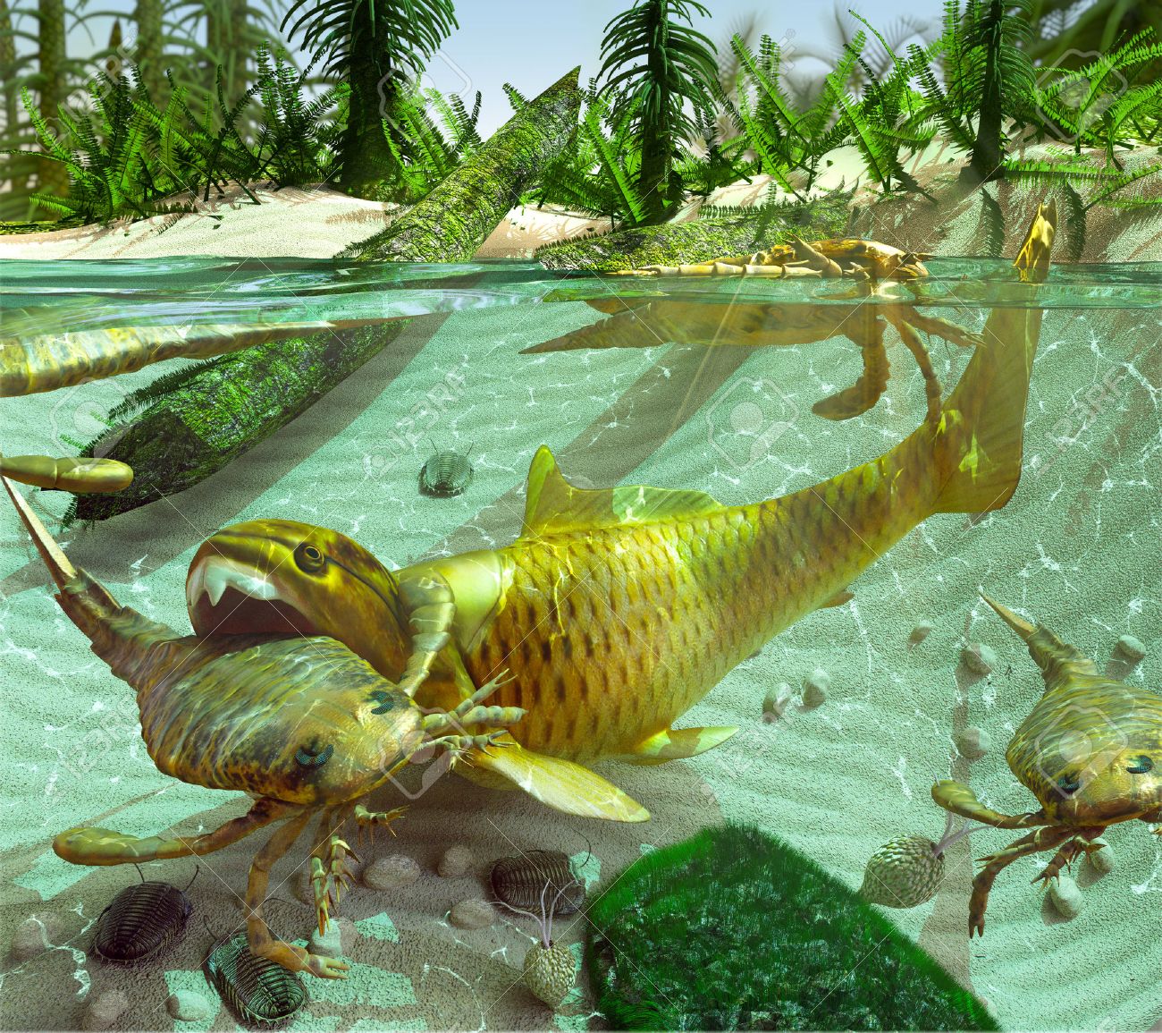 生命の循環を描いたデヴォンシャー州期間 419 に 3 億 5800 万年前 の湖のシーンのイラスト ターンでは 巨大な大船渡 Dunkleosteus しながら湖の底に住居小さな三葉虫を餌に F Eurypterids 海サソリ の写真素材 画像素材 Image