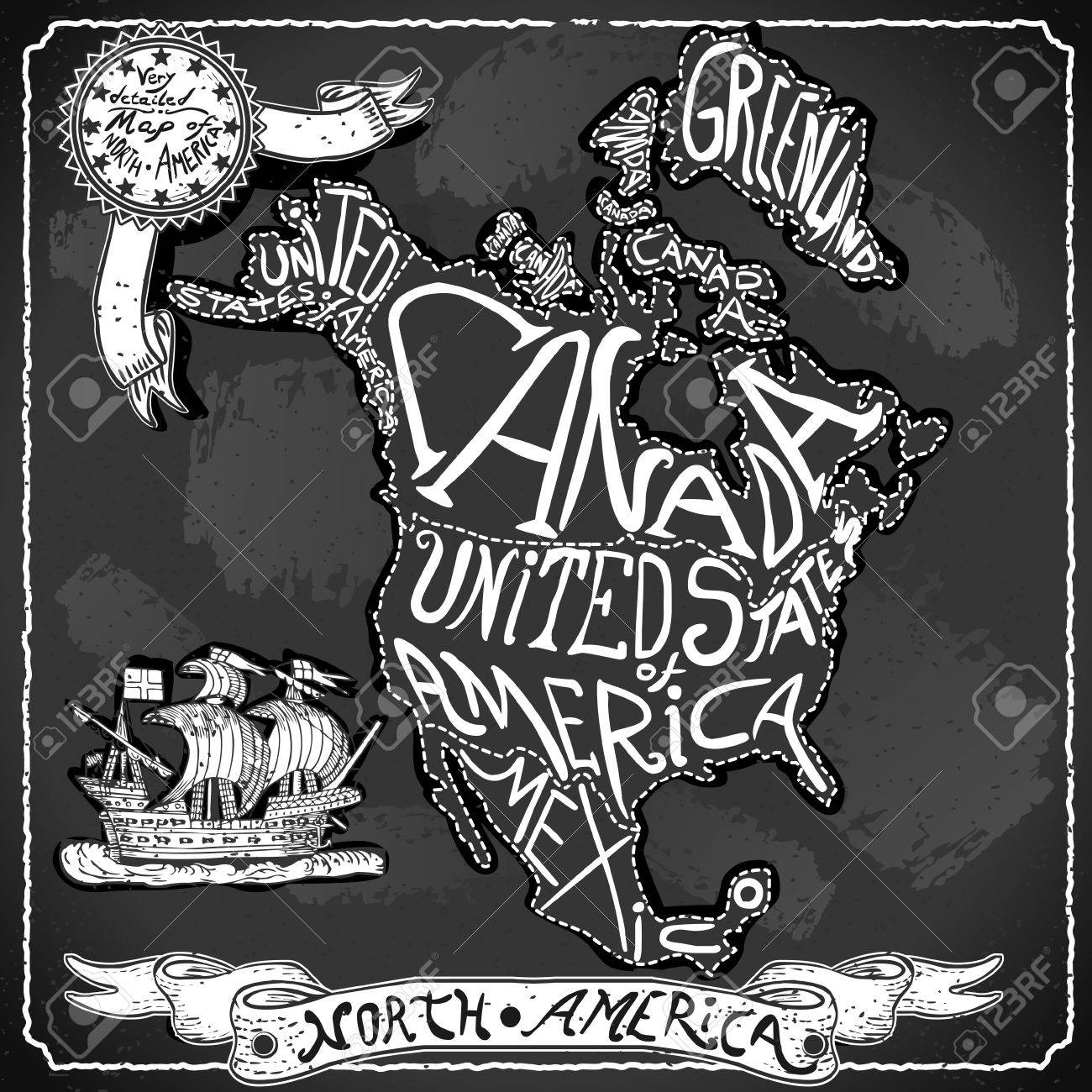 ヴィンテージ手書き黒板北アメリカ マップの詳細図のイラスト素材