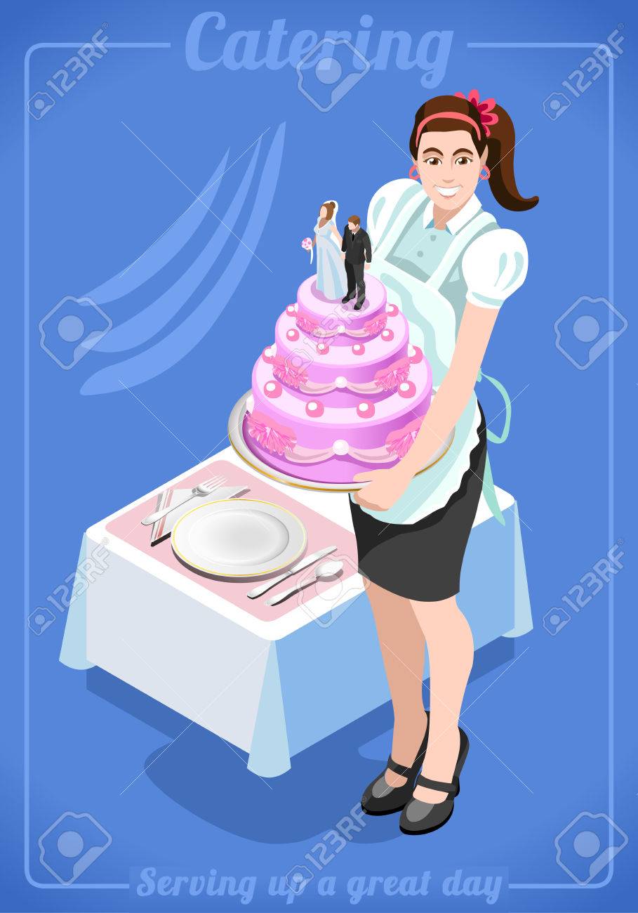 結婚式のケータリング サービス会社のロゴのための若い女 人々 ユニークな等尺性リアルなポーズ 新しい明るいパレット 3 D 平面ベクトルのアイコンを設定しました ウェイター ウェイトレス キャリアのイラスト素材 ベクタ Image