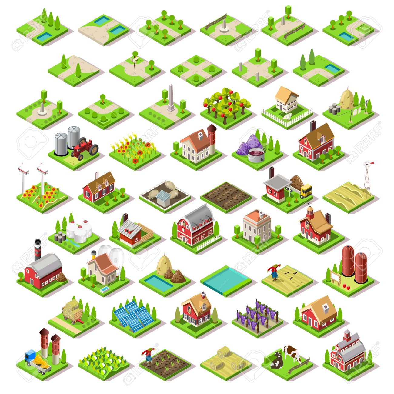 Flat 3d Isometric Farm Buildings City Map Icons Game Tiles Elements Set. NEW bright palette Rural Barn Buildings Isolated on White Vector Collection. Assemble Your Own 3D World - 51804971 Flat 3d Isometric Farm Buildings City Map Icons Game Tiles Elements Set. NEW bright palette Rural Barn Buildings Isolated on White Vector Collection. Assemble Your Own 3D World - 51804971