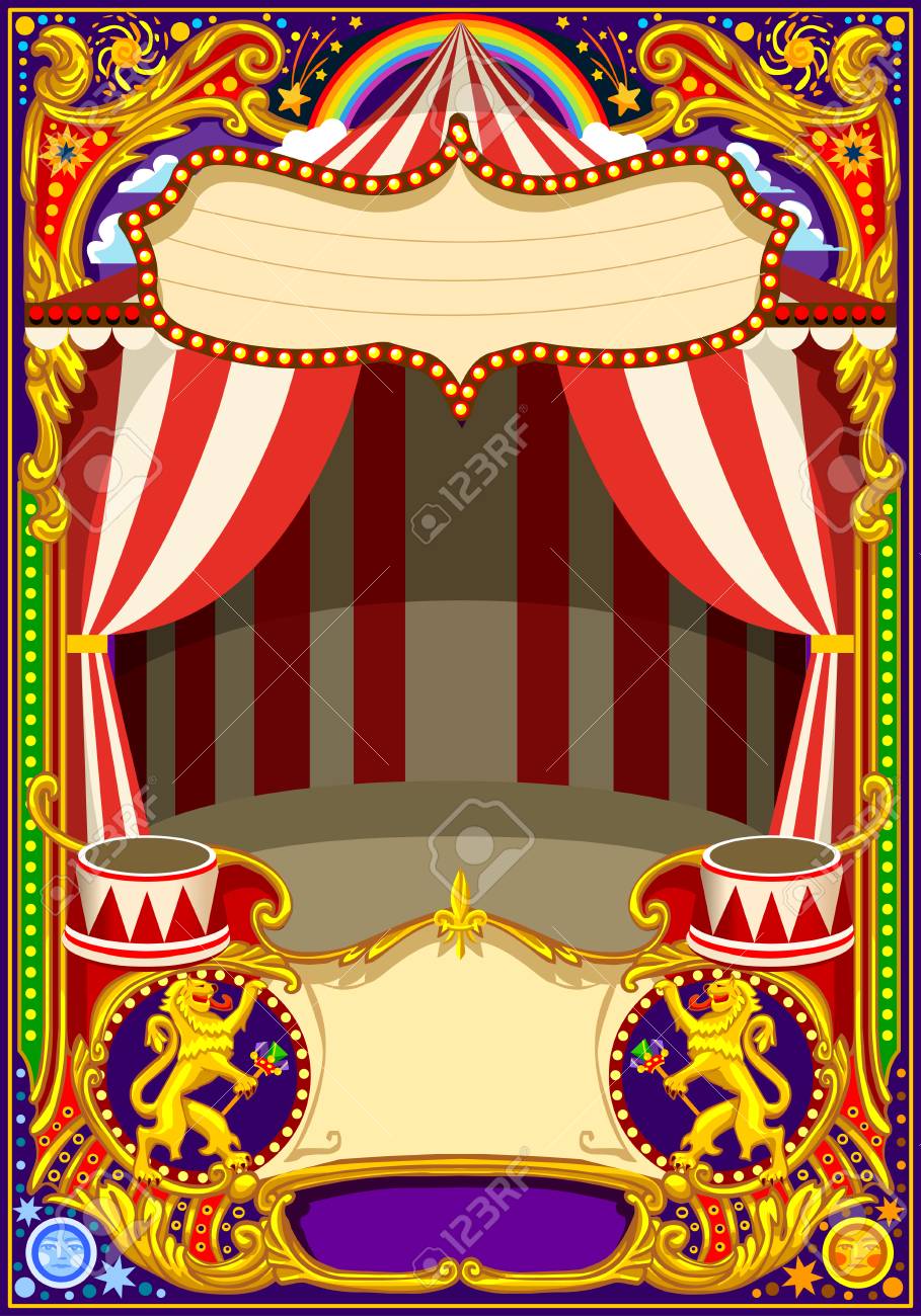 circus poster or card theme vintage frame with circus tent for children birthday party invitations