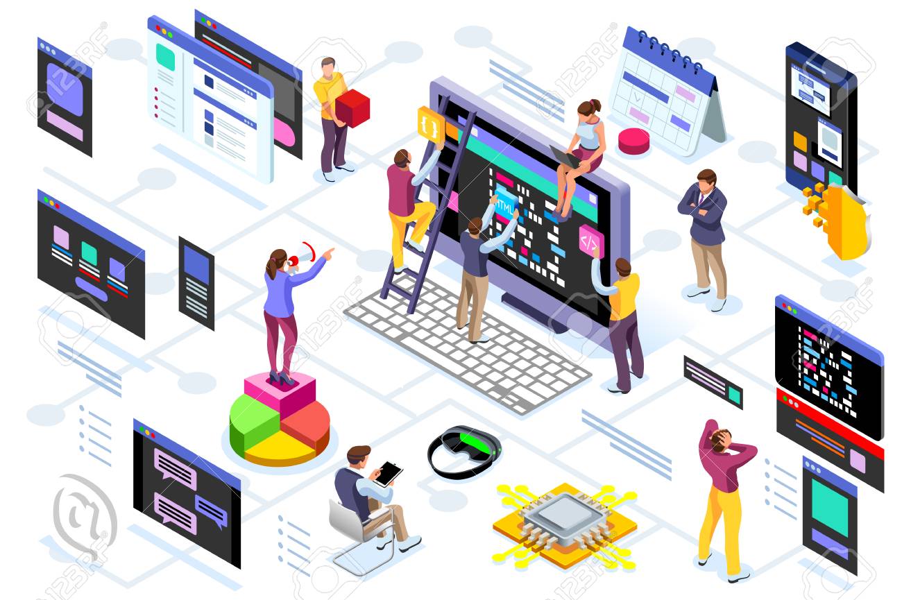 Programming software interface on device by engineers. Application for company project. A space of professional solutions for systems and softwares. Conceptual illustration. Isometric people vector. - 102009872 Programming software interface on device by engineers. Application for company project. A space of professional solutions for systems and softwares. Conceptual illustration. Isometric people vector. - 102009872